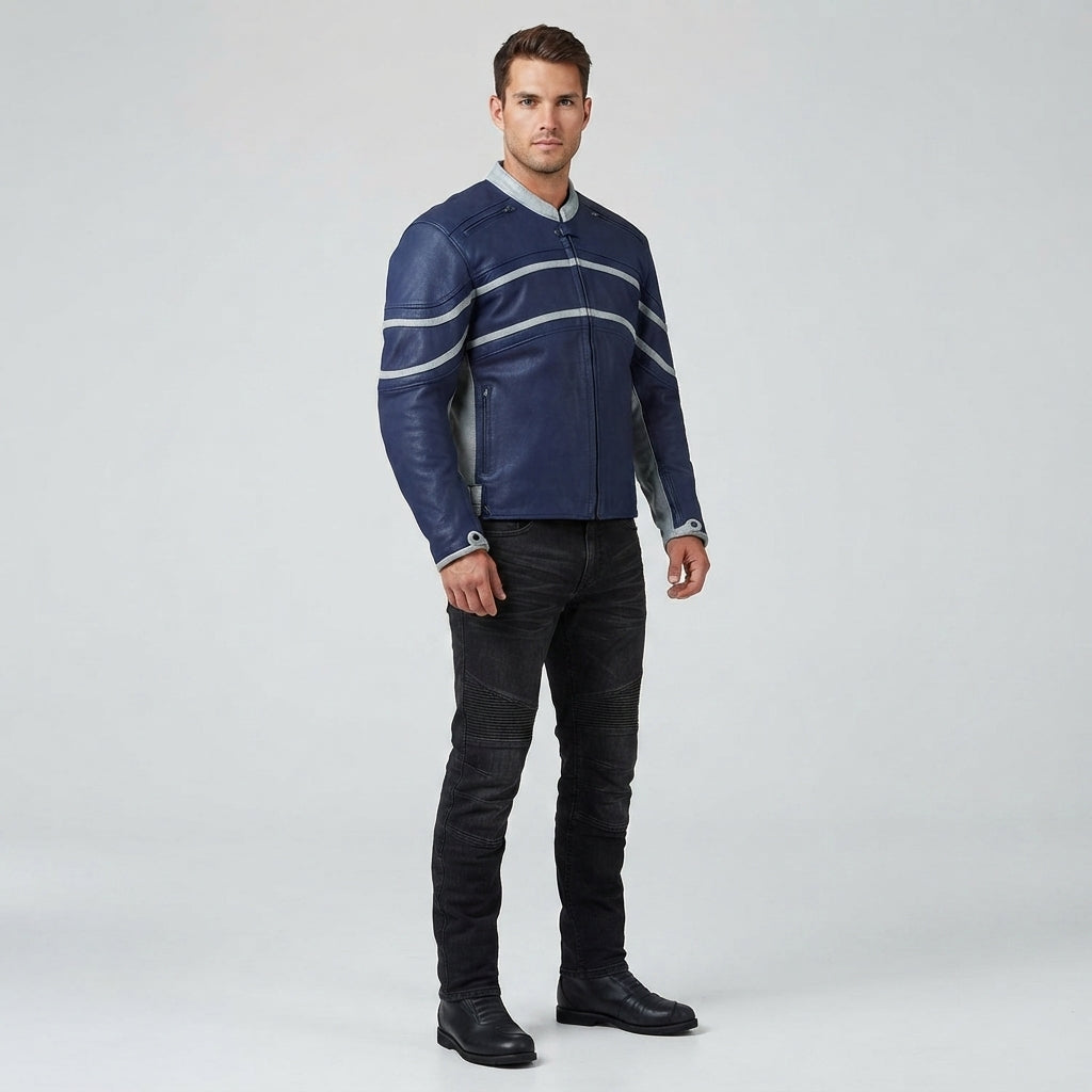 Men's Navy Blue Cafe Racer Leather Jacket