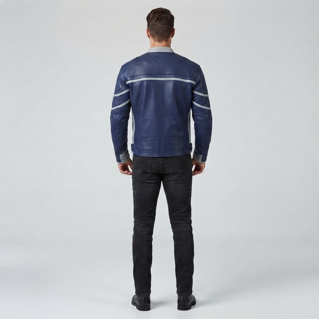 Men's Navy Blue Cafe Racer Leather Jacket