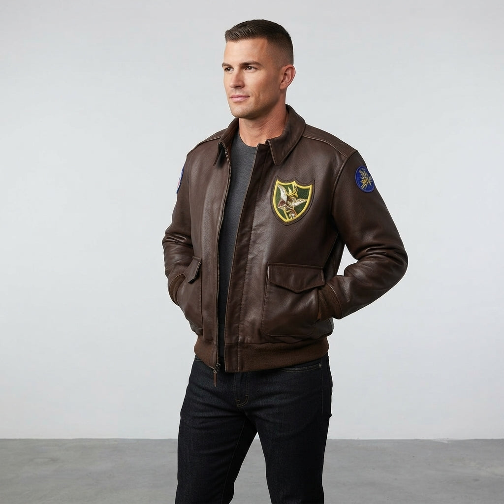 Dark Brown Pilot Bomber Leather Jacket for Men