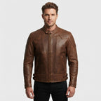 Men's Distressed Tan Brown Cafe Racer Leather Jacket