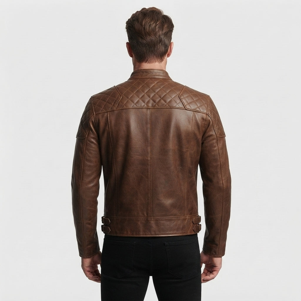 Men's Distressed Tan Brown Cafe Racer Leather Jacket