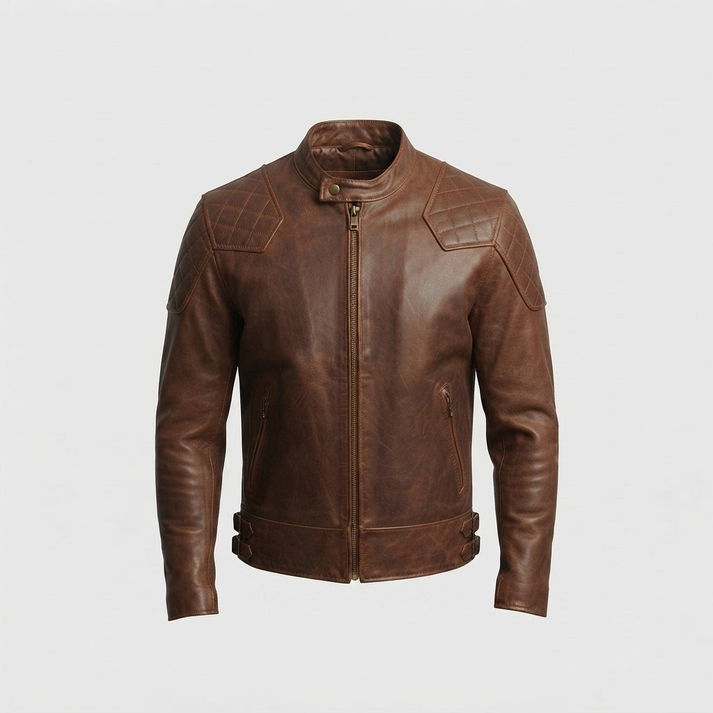 Men's Distressed Tan Brown Cafe Racer Leather Jacket