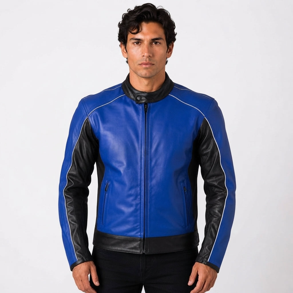 Men's Royal Blue & Black Cafe Racer Leather Jacket