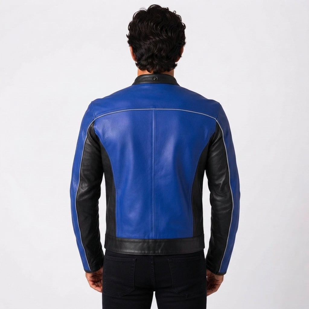 Men's Royal Blue & Black Cafe Racer Leather Jacket