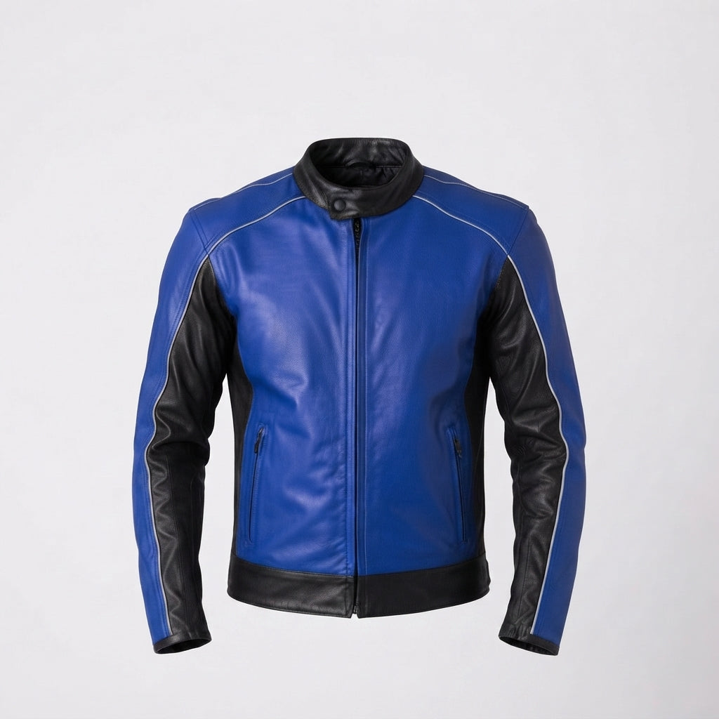 Men's Royal Blue & Black Cafe Racer Leather Jacket