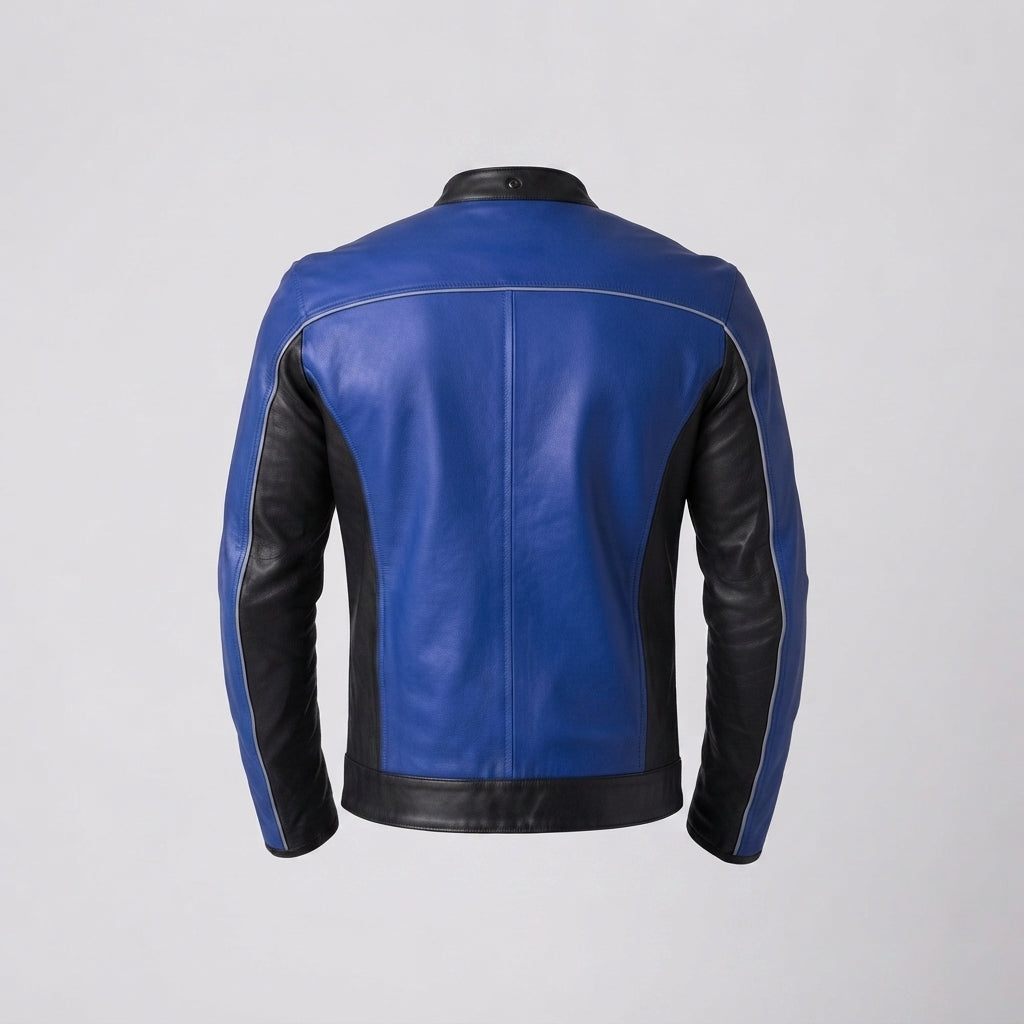 Men's Royal Blue & Black Cafe Racer Leather Jacket