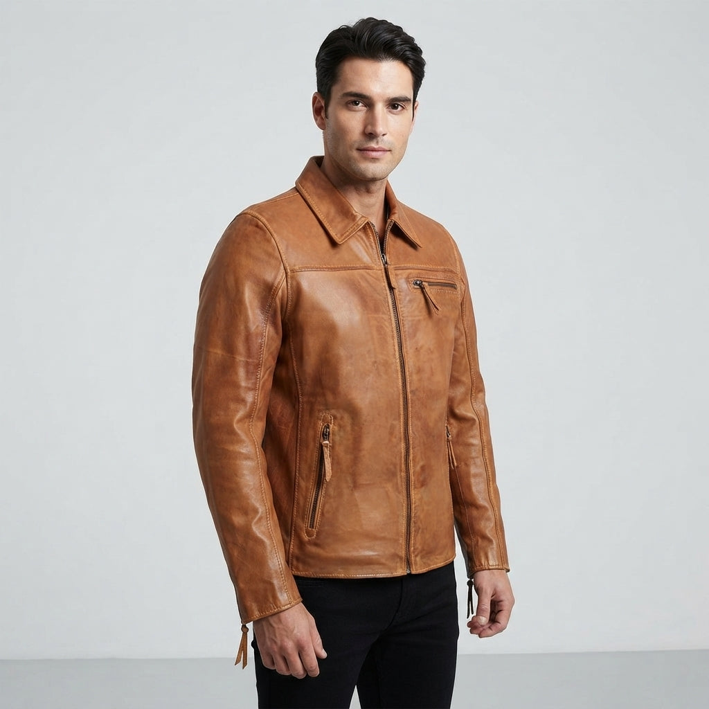 Men's Camel Tan Real Leather Casual Zip Jacket