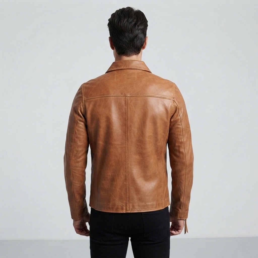Men's Camel Tan Real Leather Casual Zip Jacket