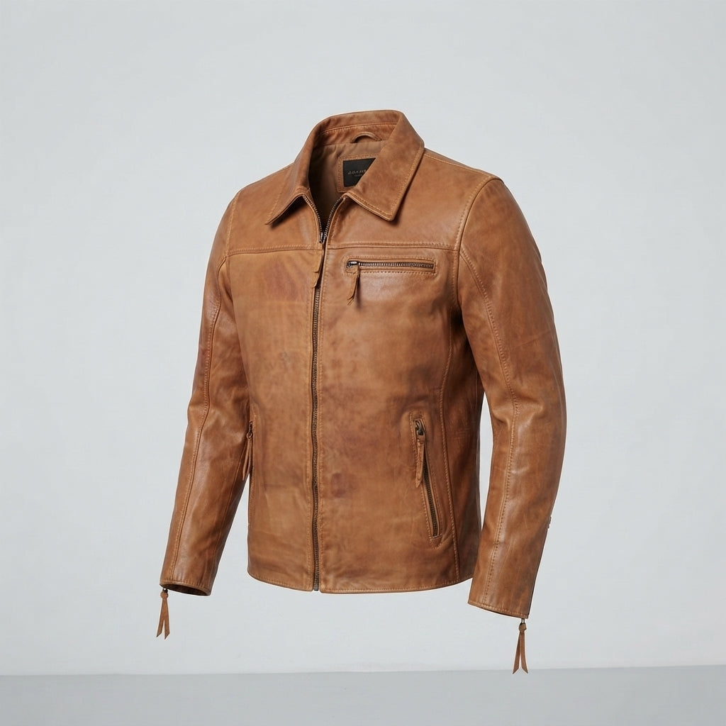 Men's Camel Tan Real Leather Casual Zip Jacket