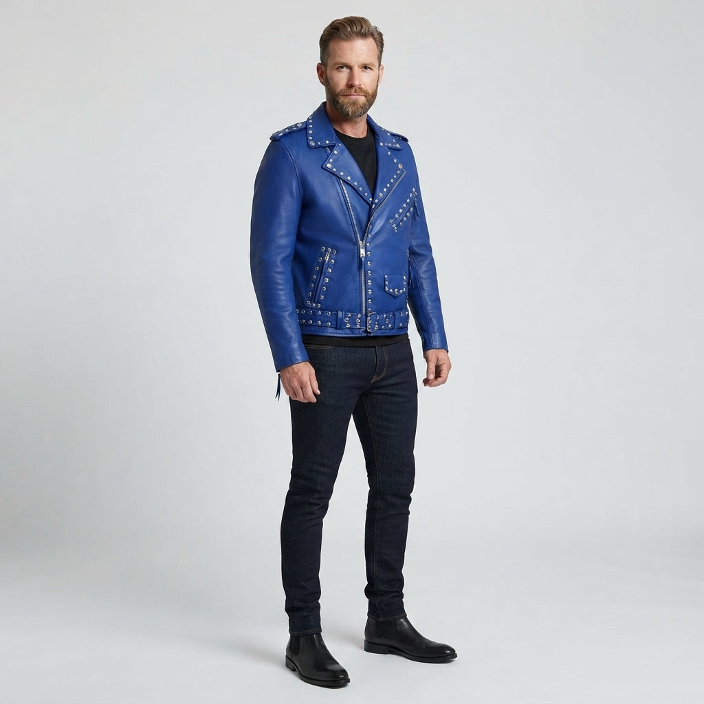 Men's Blue Studded Leather Moto Jacket