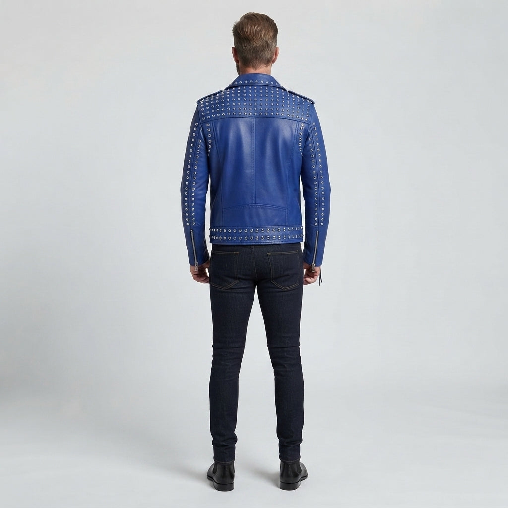 Men's Blue Studded Leather Moto Jacket