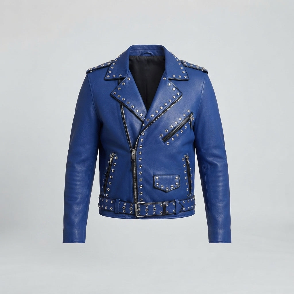 Men's Blue Studded Leather Moto Jacket