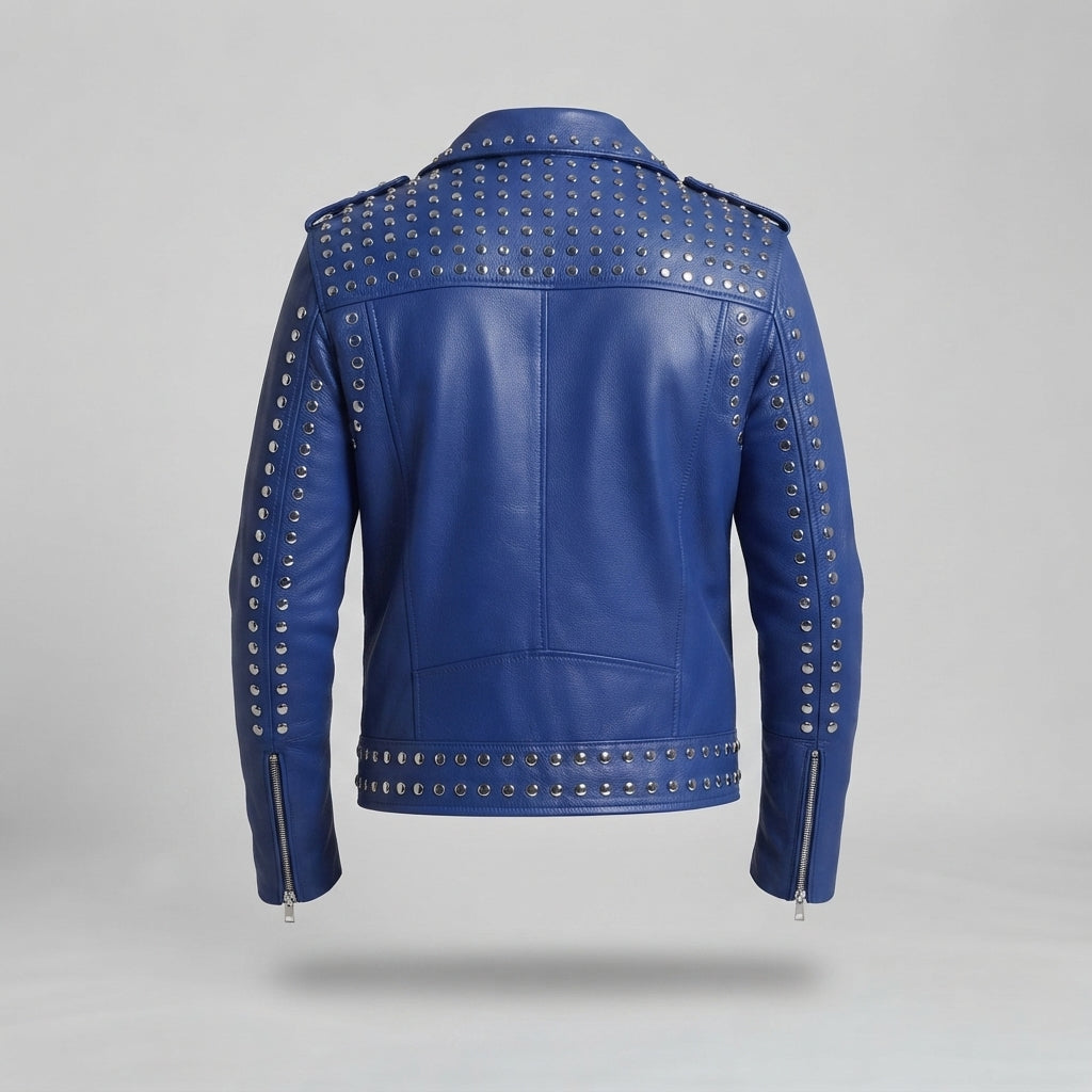 Men's Blue Studded Leather Moto Jacket