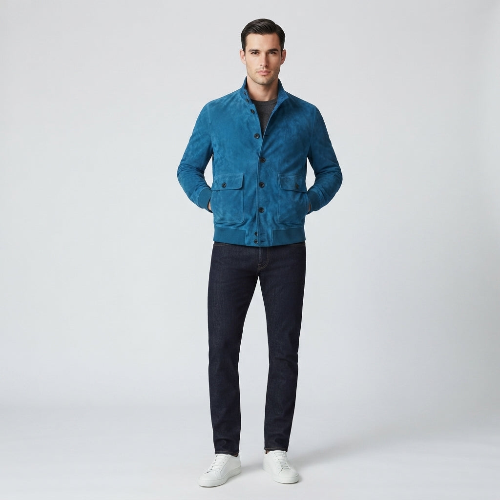 Men's Teal Blue Suede Bomber Jacket