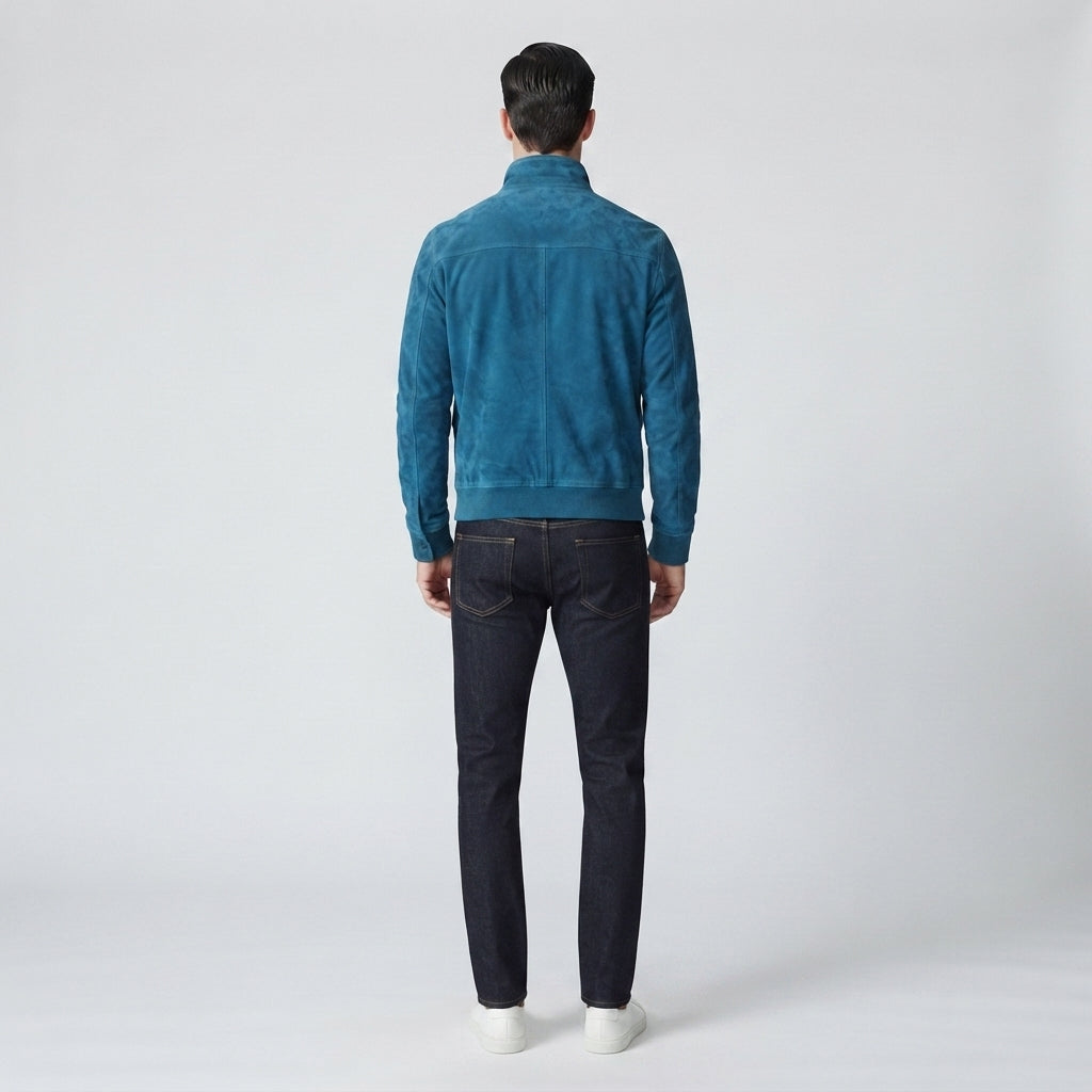 Men's Teal Blue Suede Bomber Jacket