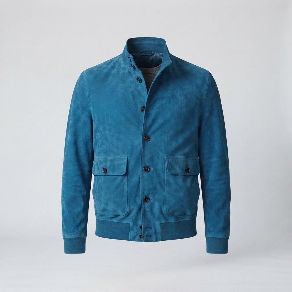 Men's Teal Blue Suede Bomber Jacket