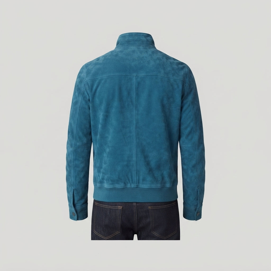 Men's Teal Blue Suede Bomber Jacket