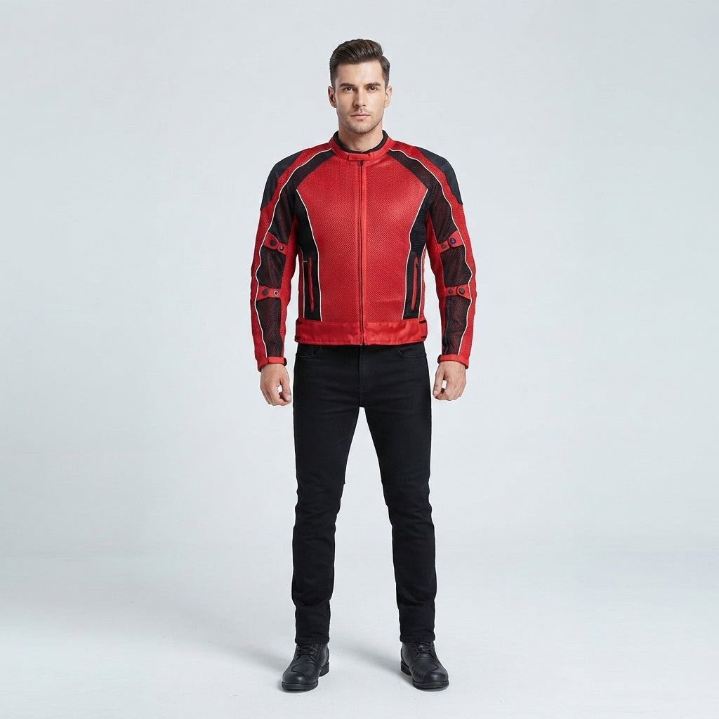 Men's Red & Black Mesh Leather Biker Jacket