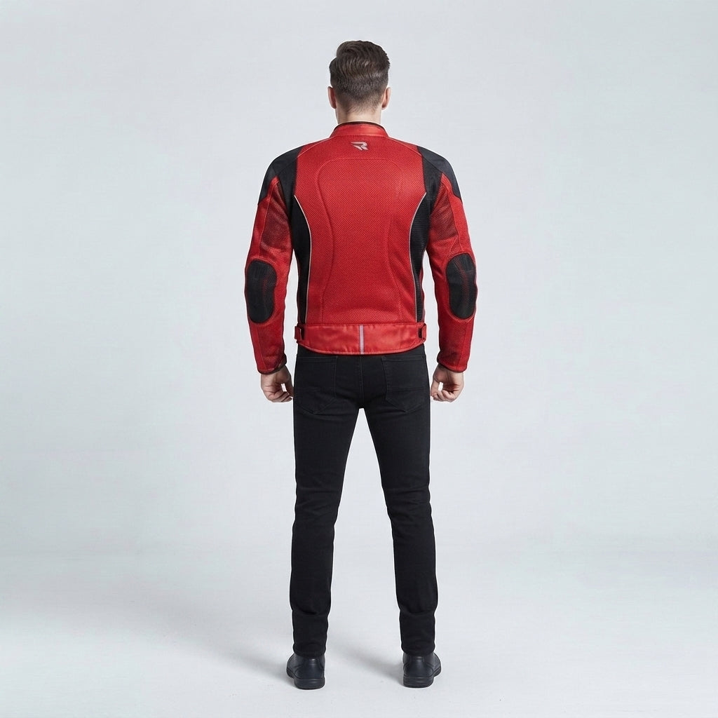 Men's Red & Black Mesh Leather Biker Jacket