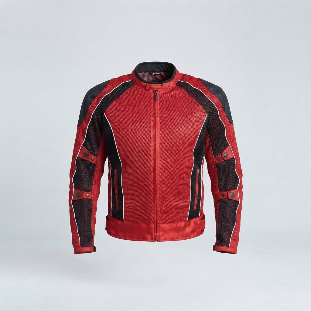 Men's Red & Black Mesh Leather Biker Jacket