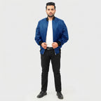 Royal Blue Leather Bomber Jacket