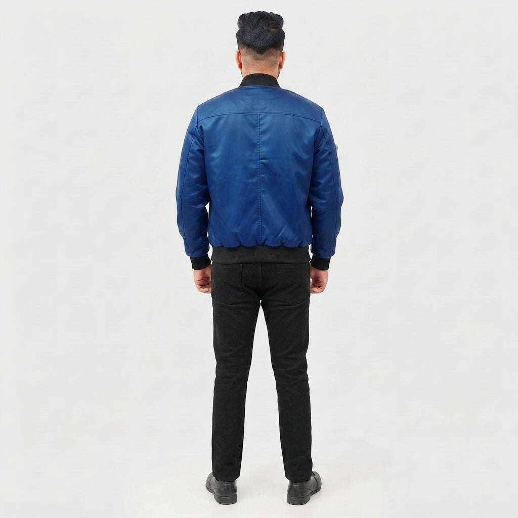 Royal Blue Leather Bomber Jacket