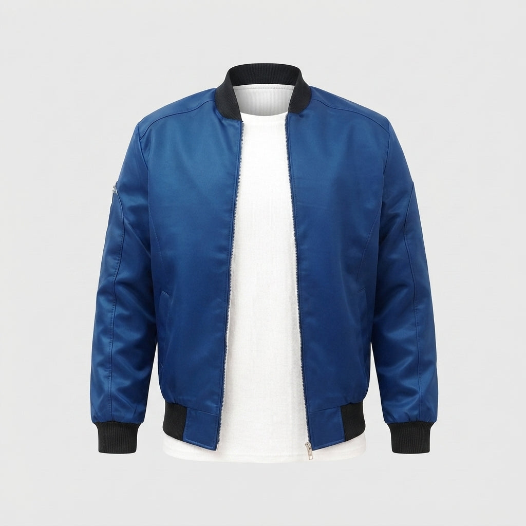 Royal Blue Leather Bomber Jacket