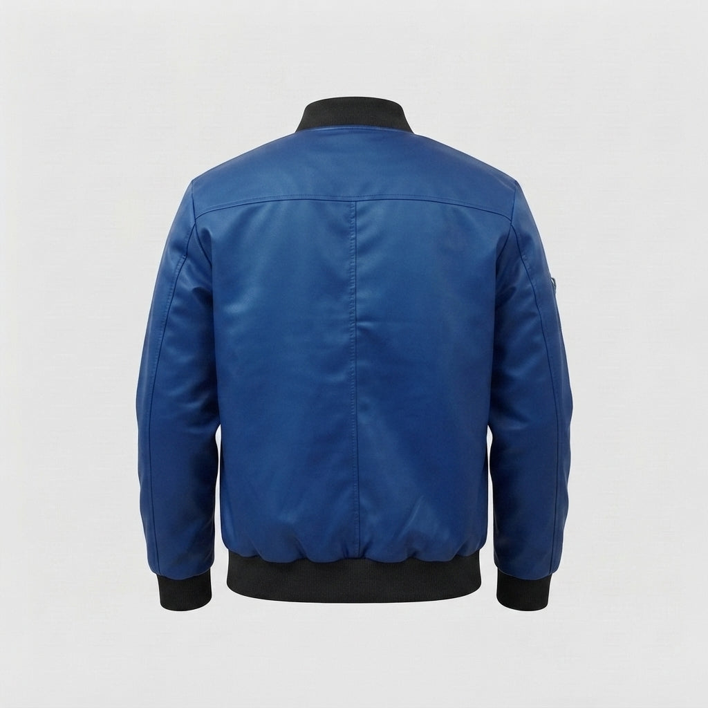 Royal Blue Leather Bomber Jacket