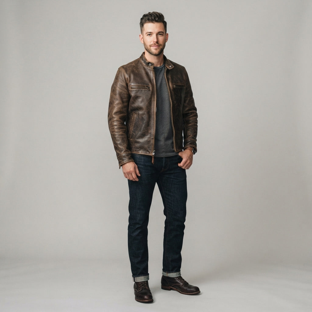 Men's Vintage Brown Leather Biker Jacket