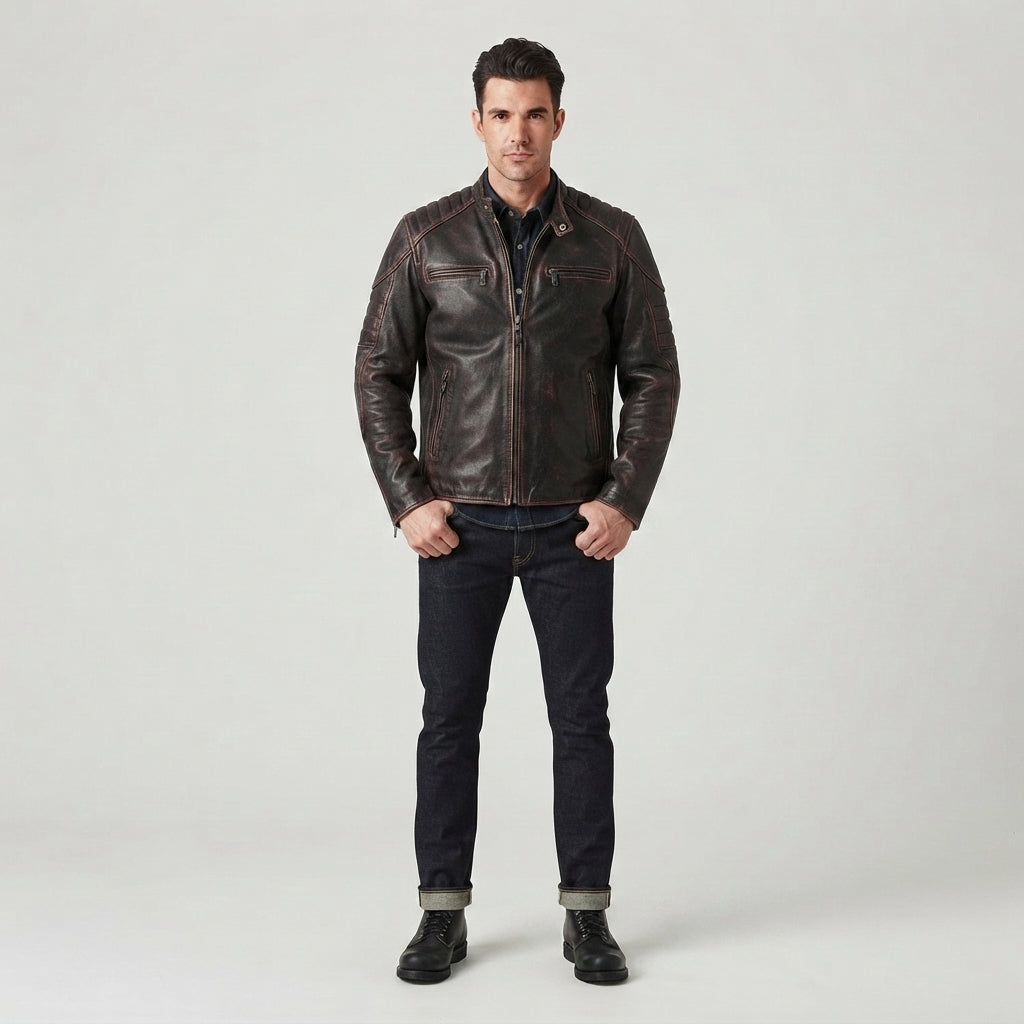 Men's Distressed Brown Leather Biker Jacket
