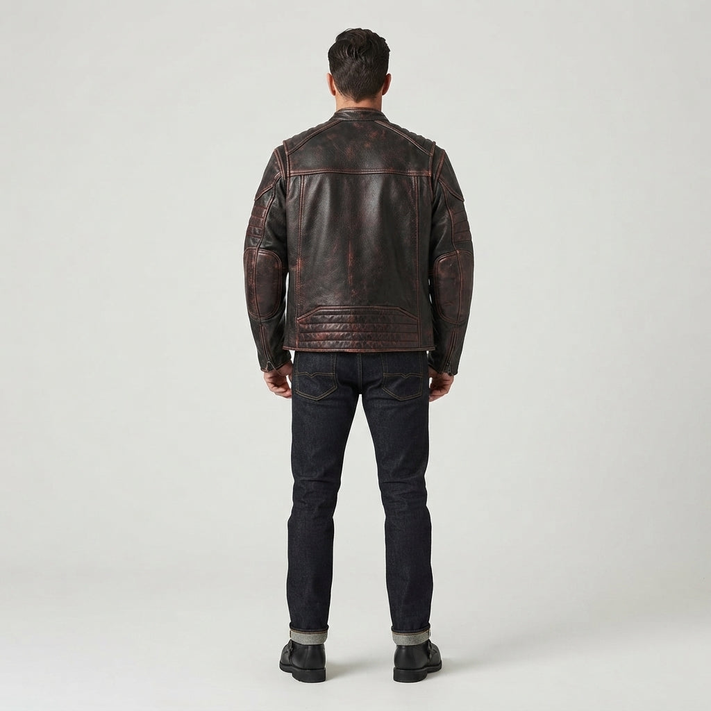 Men's Distressed Brown Leather Biker Jacket