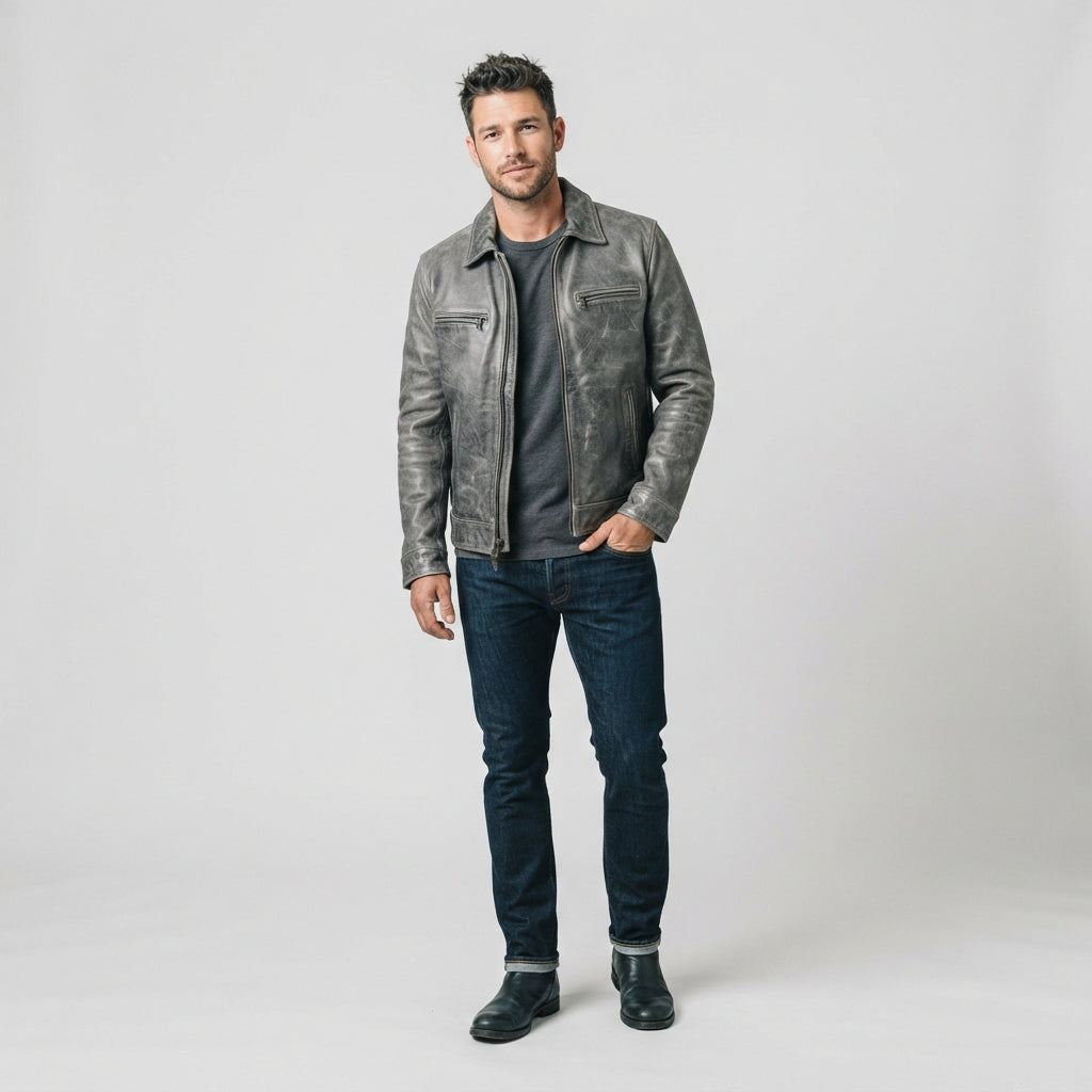 Men's Distressed Grey Leather Biker Jacket