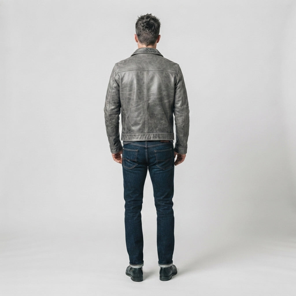 Men's Distressed Grey Leather Biker Jacket