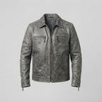 Men's Distressed Grey Leather Biker Jacket