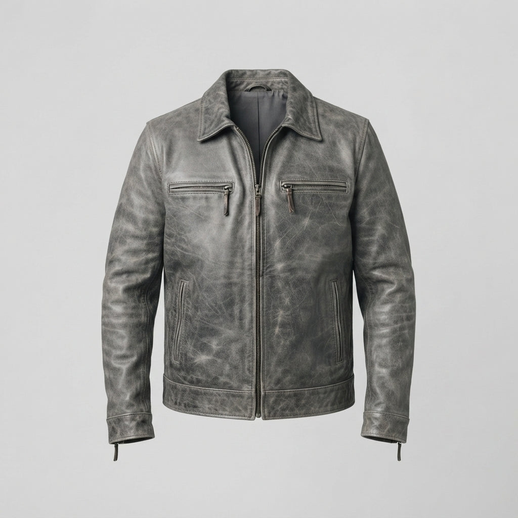 Men's Distressed Grey Leather Biker Jacket
