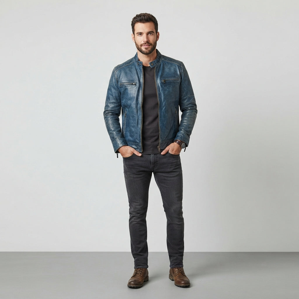 Men's Navy Blue Distressed Leather Biker Jacket