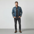 Men's Navy Blue Distressed Leather Biker Jacket