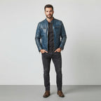 Men's Navy Blue Distressed Leather Biker Jacket