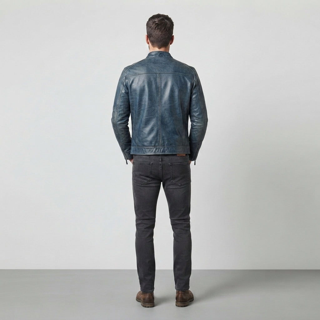 Men's Navy Blue Distressed Leather Biker Jacket