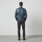 Men's Navy Blue Distressed Leather Biker Jacket