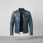 Men's Navy Blue Distressed Leather Biker Jacket