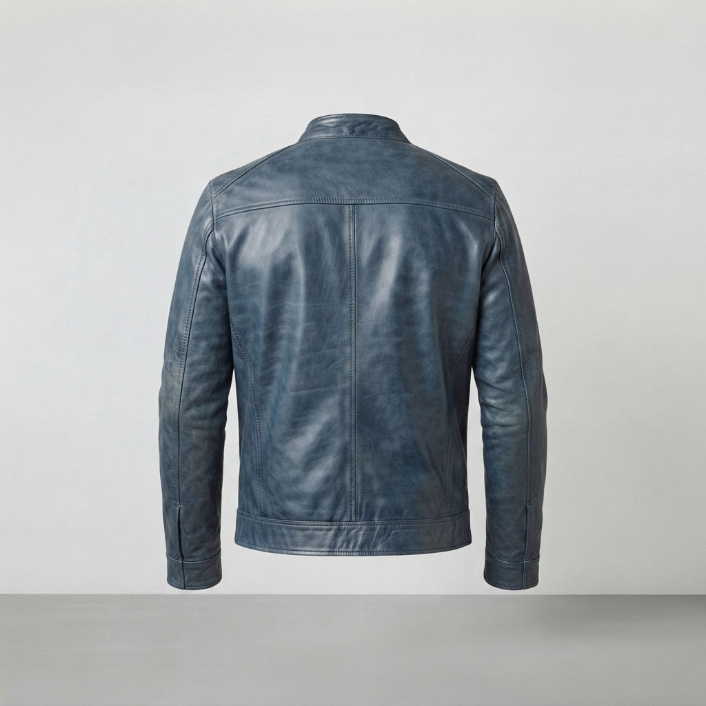 Men's Navy Blue Distressed Leather Biker Jacket