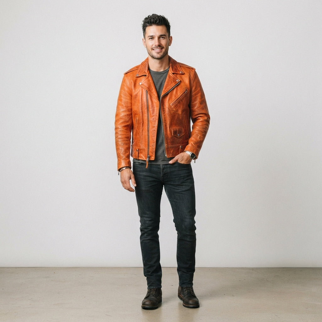 Men's Rust Orange Asymmetrical Biker Leather Jacket
