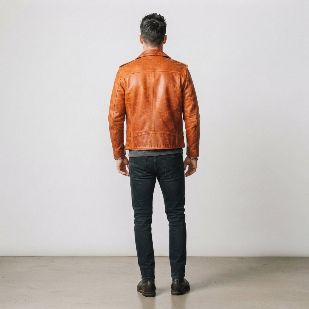 Men's Rust Orange Asymmetrical Biker Leather Jacket