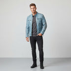 Sky Blue Distressed Leather Biker Jacket – Men's Vintage Style