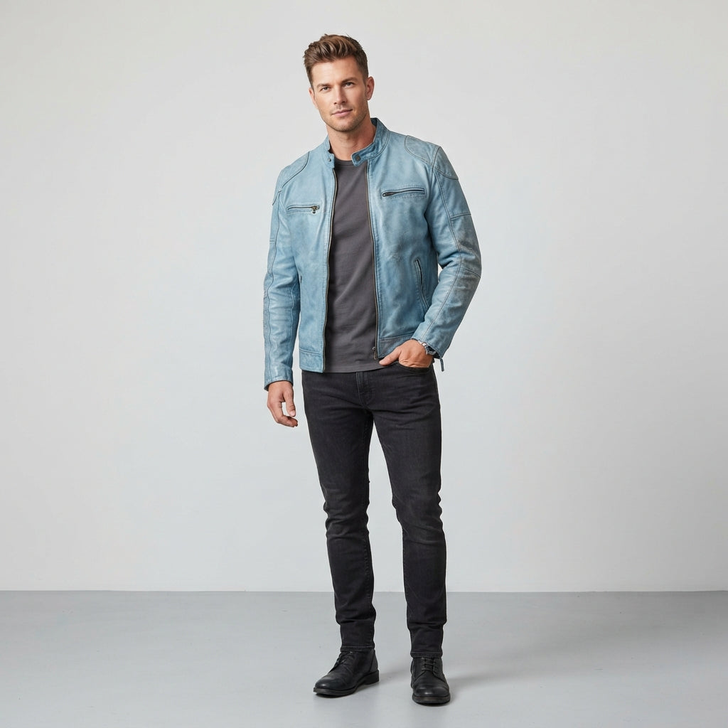Sky Blue Distressed Leather Biker Jacket – Men's Vintage Style
