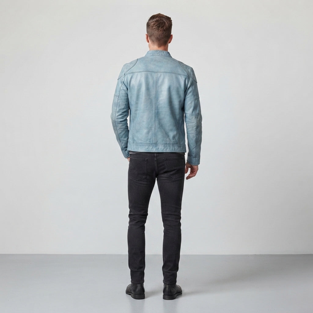 Sky Blue Distressed Leather Biker Jacket – Men's Vintage Style