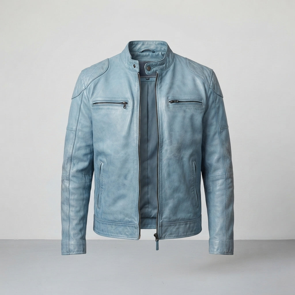Sky Blue Distressed Leather Biker Jacket – Men's Vintage Style