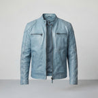 Sky Blue Distressed Leather Biker Jacket – Men's Vintage Style