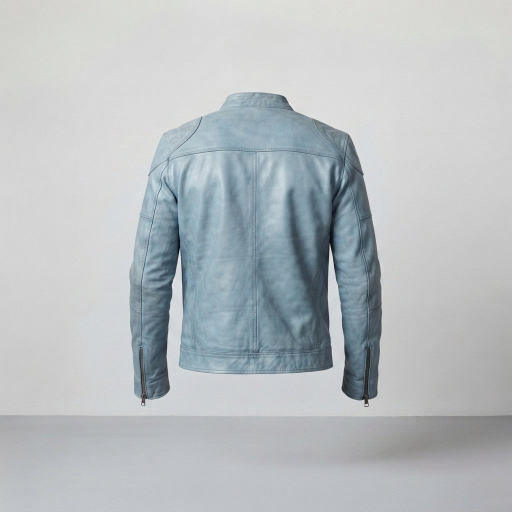 Sky Blue Distressed Leather Biker Jacket – Men's Vintage Style
